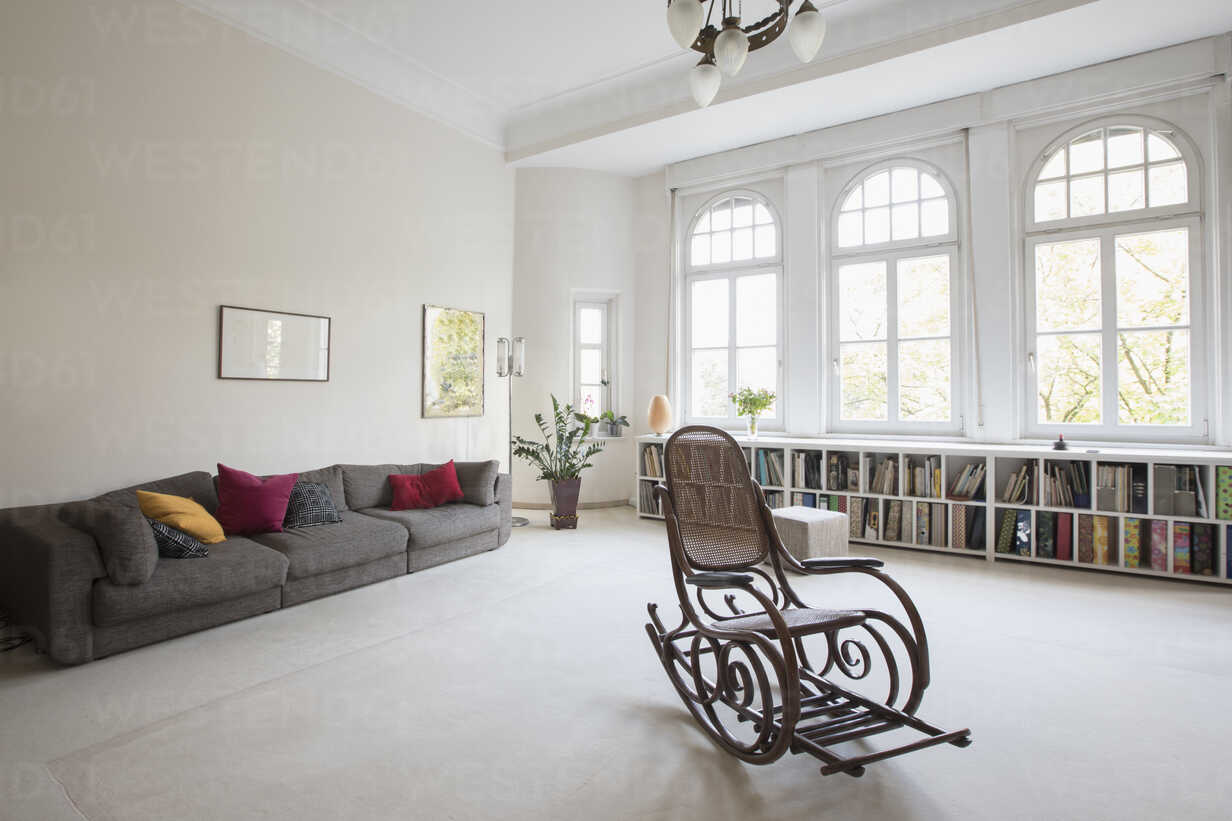 Spacious Living Room With Rocking Chair Stockphoto