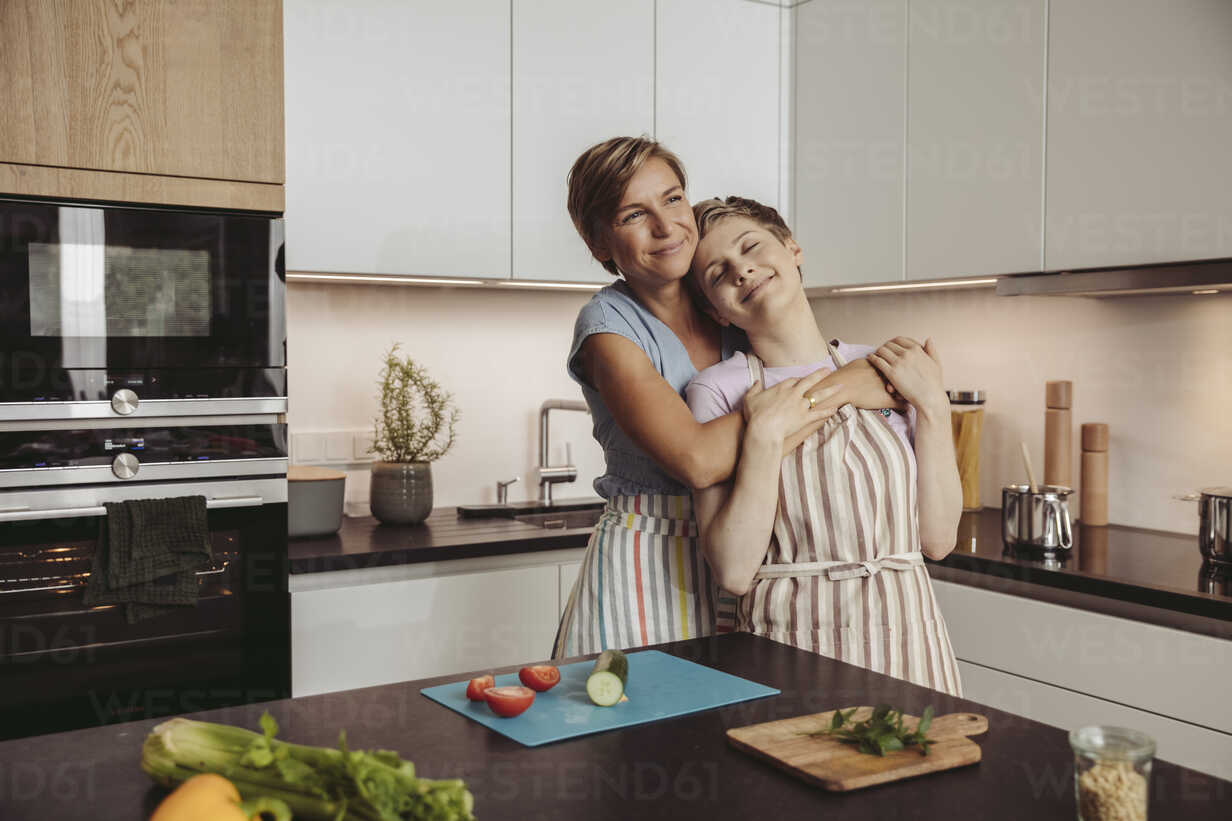 Glckliche Lesbische Paar Steht In Der Kche Mit Schrzen Stockfoto