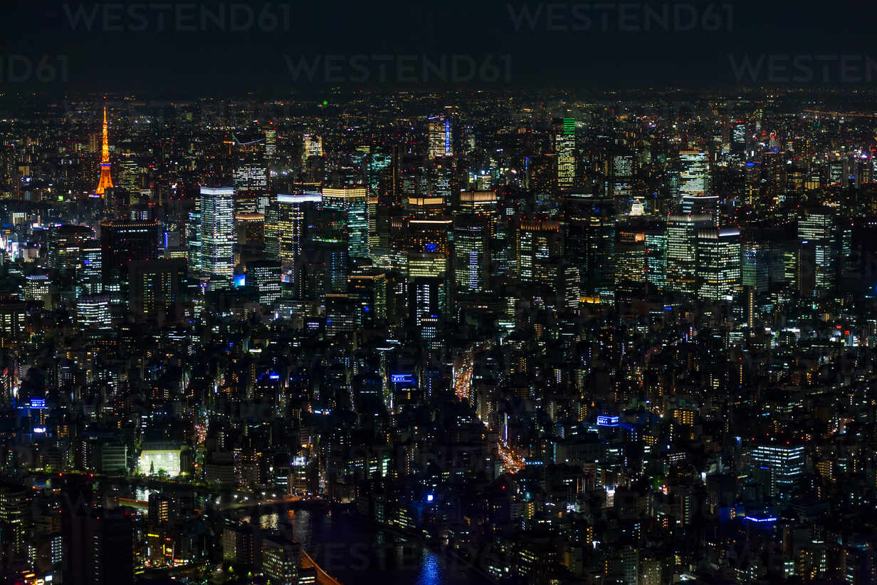 Aerial View Of The City Skyline At Night Tokyo Japan Stockphoto