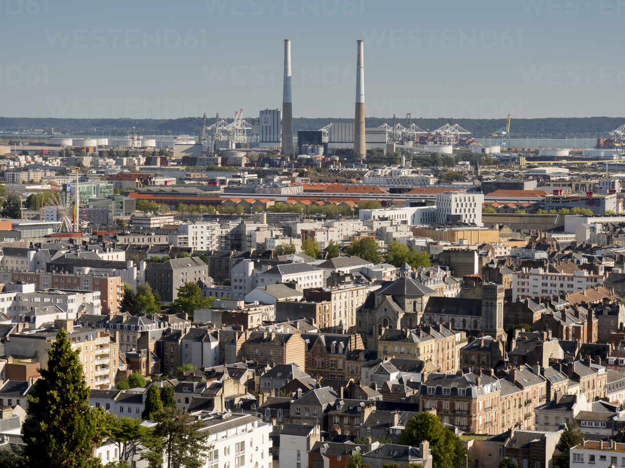 City Skyline Towards Seine Estuary Showing Iconic Twin Chimneys Le Havre Normandy France Europe Rhplf Rhpl