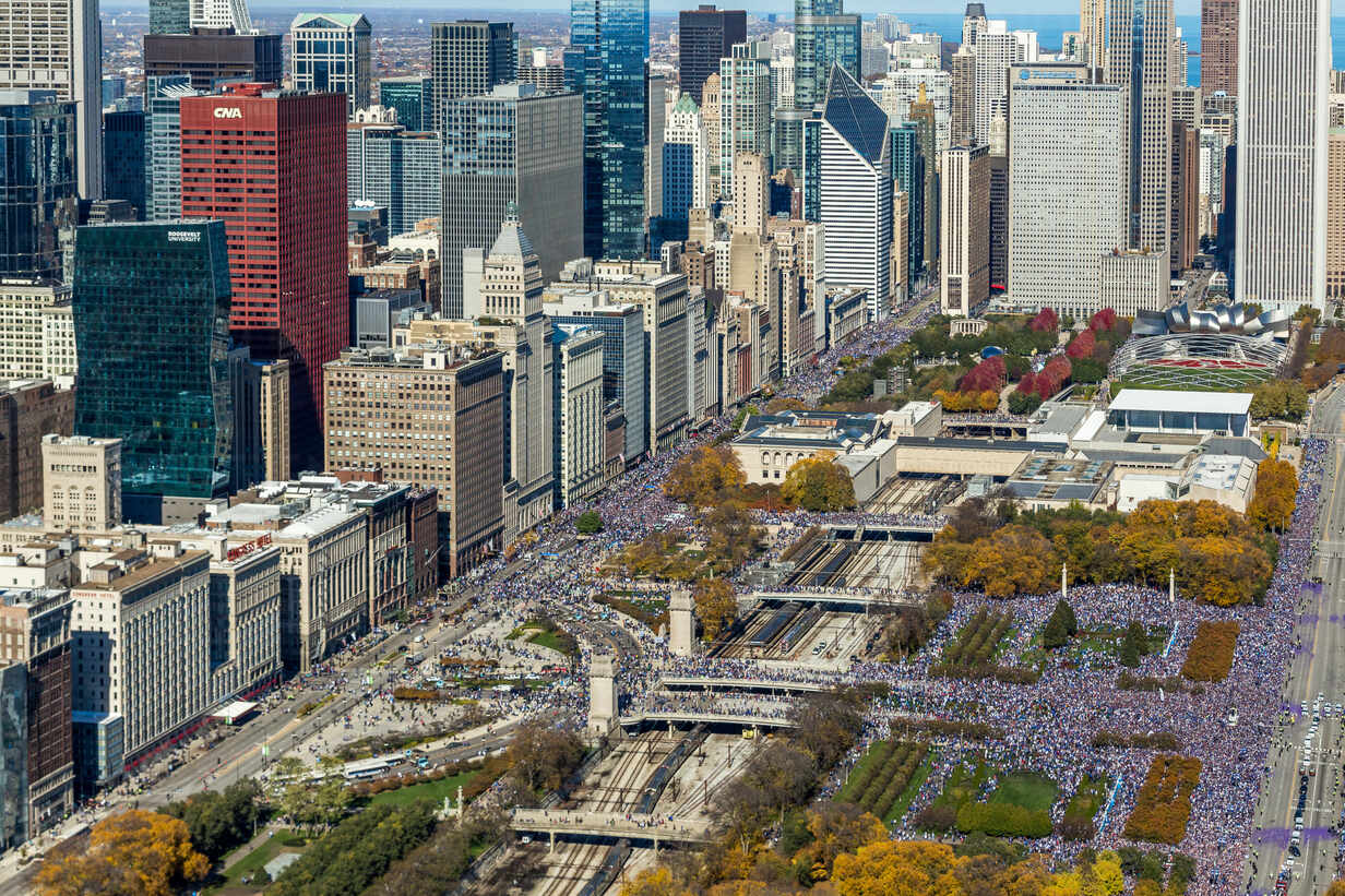 Aerial view of Chicago Pride parade at Grant Park during the day