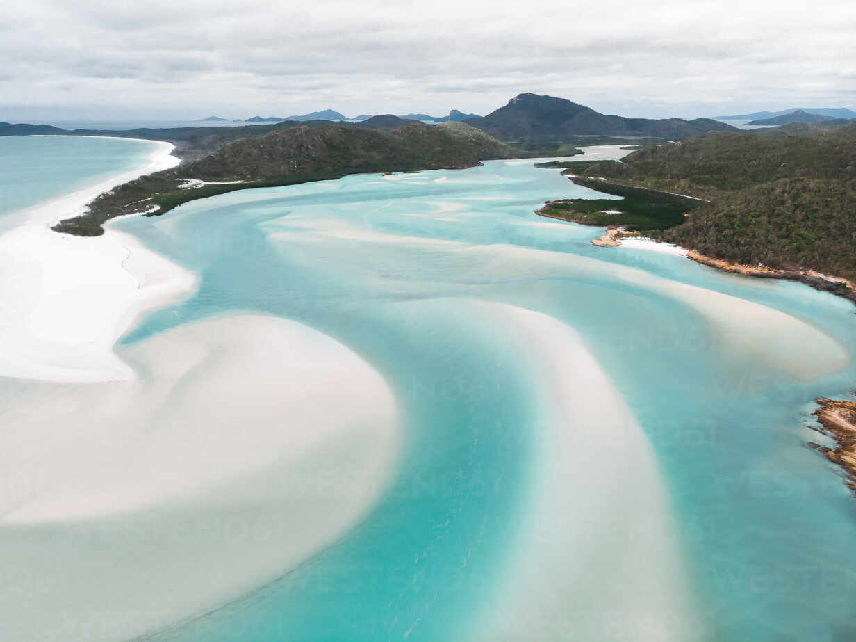 Aerial View Of Whitehaven Beach At Low Tide With Sand Banks Forming A