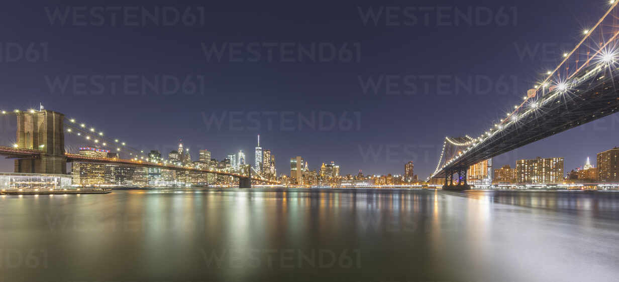 Usa New York New York City Brooklyn Bridge And Manhattan Bridge Illuminated At Night Ahf Alex