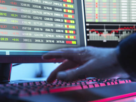 Hands Of Trader Typing On Keyboard In Front Of Computer Monitor Displaying Stock Market Data Stockphoto