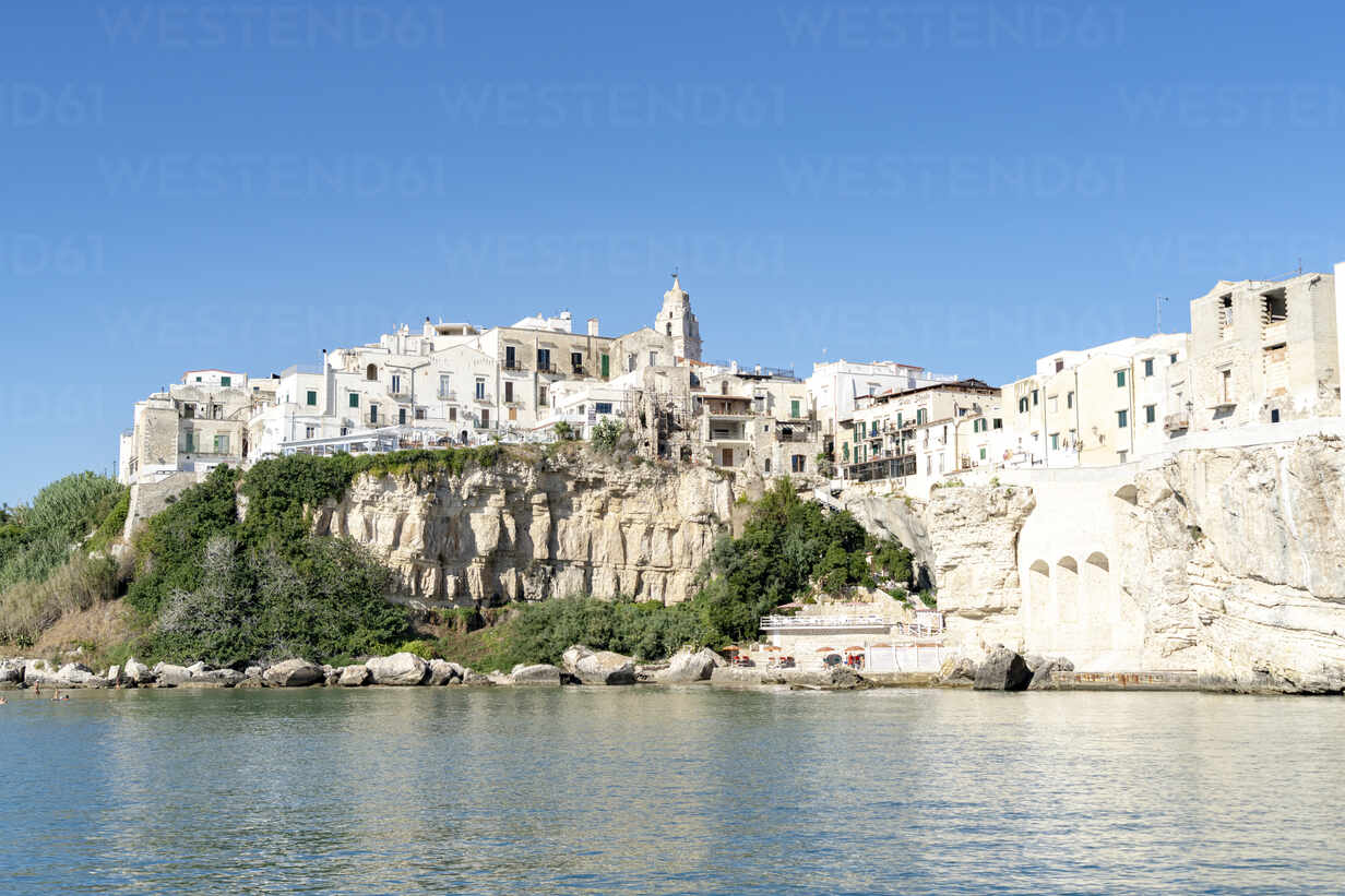 Whitewashed Houses And San Francesco Church On Cliffs Vieste Foggia Province Gargano National Park Apulia Italy